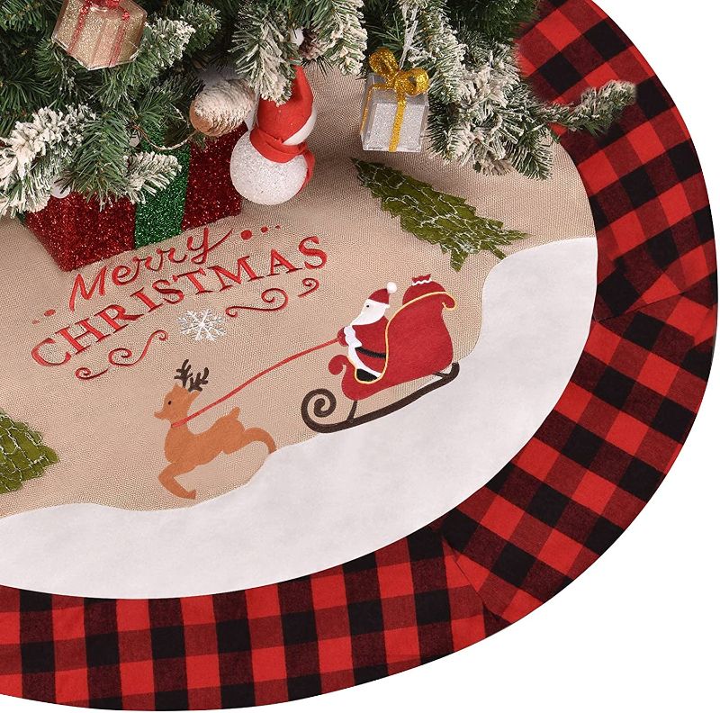 Photo 1 of FLAGMESAGE 48inch Burlap Christmas Tree Skirt with Christmas Elk Santa Tree Pattern, Double Layers Xmas Tree Skirt Christmas Decorations for Christmas Holiday Party New Year Indoor & Outdoor
