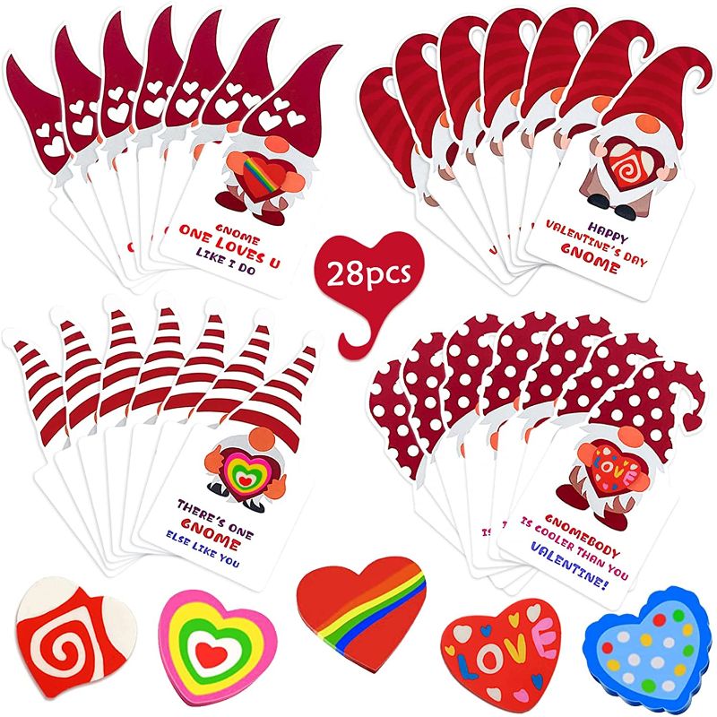 Photo 1 of 28 Pack Valentine Day Gnomes Cards with Heart Erasers for Kids Party Favor, Classroom Exchange Prizes Valentine’s Greeting Cards Kids Classroom Valentines Day Gifts
