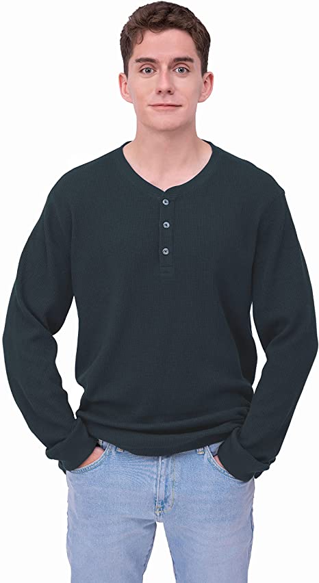 Photo 1 of ONLEE Men's Henley Cotton Casual Long Sleeve T-Shirts, Lightweight Textured Waffle Fabric Breathable Layered Shirts, Navy Blazer, XL