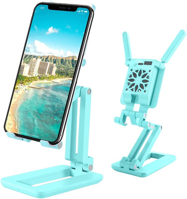 Photo 1 of ALOM CRAFT 3 in 1 Foldable Phone Holder Tablet Stand with Selfie Light&Cooling Fan, Angle and Height Adjustable Tablet Holder Stand for iPhone/Samsung/iPad/Kinder (Tiffany Blue)
