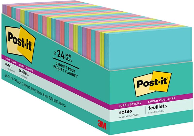 Photo 1 of Post-it Super Sticky Notes, 3x3 in, 24 Pads, 2x the Sticking Power, Supernova Neons, Bright Colors, Recyclable (Packaging May Vary)