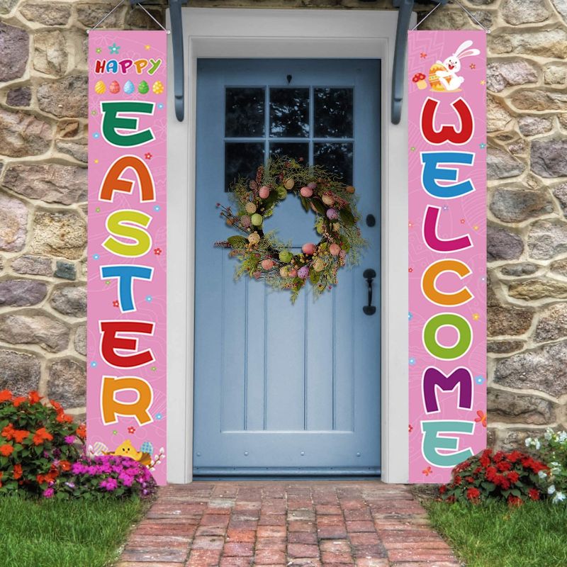 Photo 1 of BEDEONE Easter Decorations Porch Sign, Happy Eater Decorations Door Banner, Welcome Hanging Décor for Front Door Living Room Kitchen Wall Party
