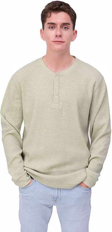 Photo 1 of ONLEE Men's Henley Cotton Casual Long Sleeve T-Shirts, Lightweight Textured Waffle Fabric Breathable Layered Shirts - MEDIUM 
