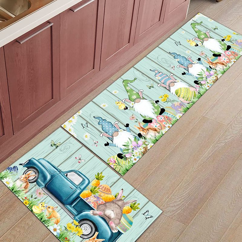 Photo 1 of 2 Piece Easter Day Kitchen Rug Set Easter Bunny Indoor Floor Mats for Spring Summer, Gnomes Mat Runner Rug Carpet Mat for Kitchen Home Decor (23.6" x 35.4"+23.6" x 70.9") - Easter Eggs Truck Rabbit
