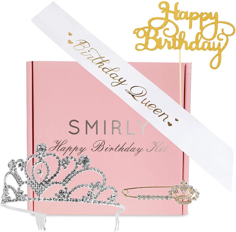 Photo 1 of SMIRLY Happy Birthday Sash Birthday Accessories Birthday Queen Sash with Funny Saying in Gold Glitter Letters, Tiara, Pin and Cake Topper - Adult Birthday Party Accessories & Party Favors
- 2 PACK 