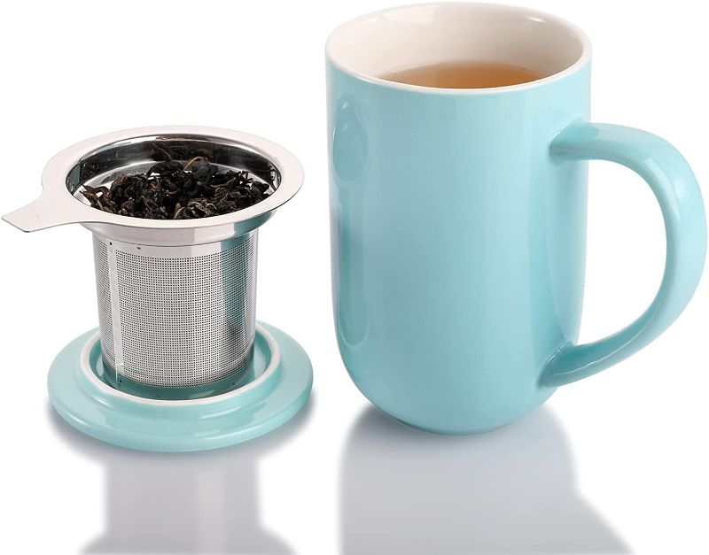 Photo 1 of AVLA Porcelain Tea Mug with Infuser and Lid, 18 OZ Ceramic Loose Leaf Tea Steeping Cups for Women Men Office Home Gift, Large Tea Strainer Cup, Easy to Hold, Light Blue
