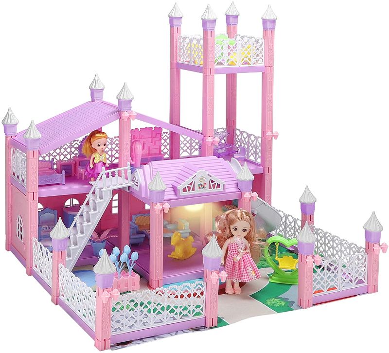 Photo 1 of Dollhouse, Dream House Kit with Led Luminous DIY Pretend Play Doll House Building Toys Playset Accessories with Furniture/Dolls/Pets/Slide for Toddlers Girls Best Gifts
