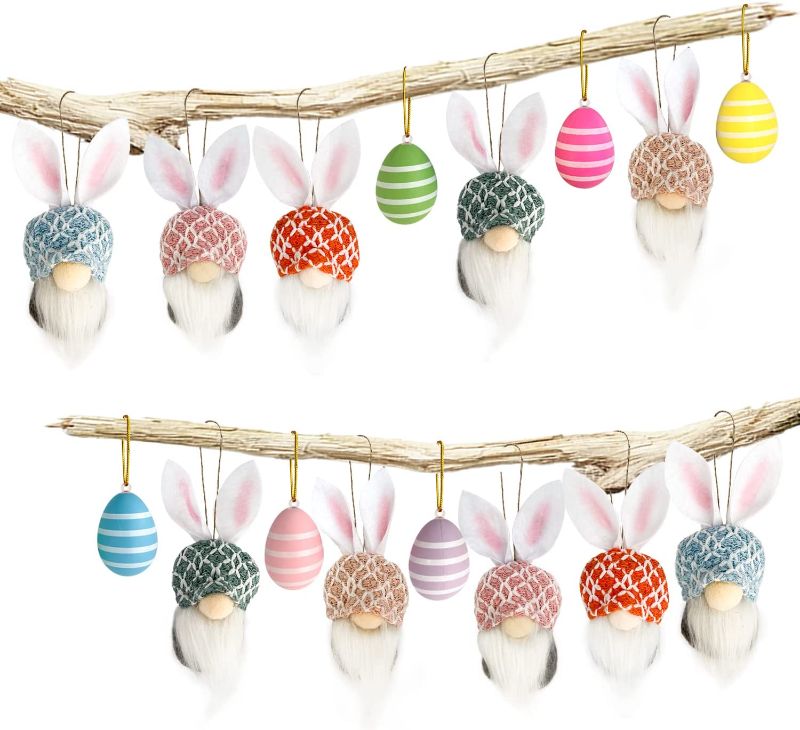 Photo 1 of Easter Gnomes for Easter Decorations Home - Easter Bunnies Decoration with Hanging Easter Eggs – Hanging String Design – Small Easter Decor – Ideal for Holidays, Easter Egg Ornaments (Flat Hat)
