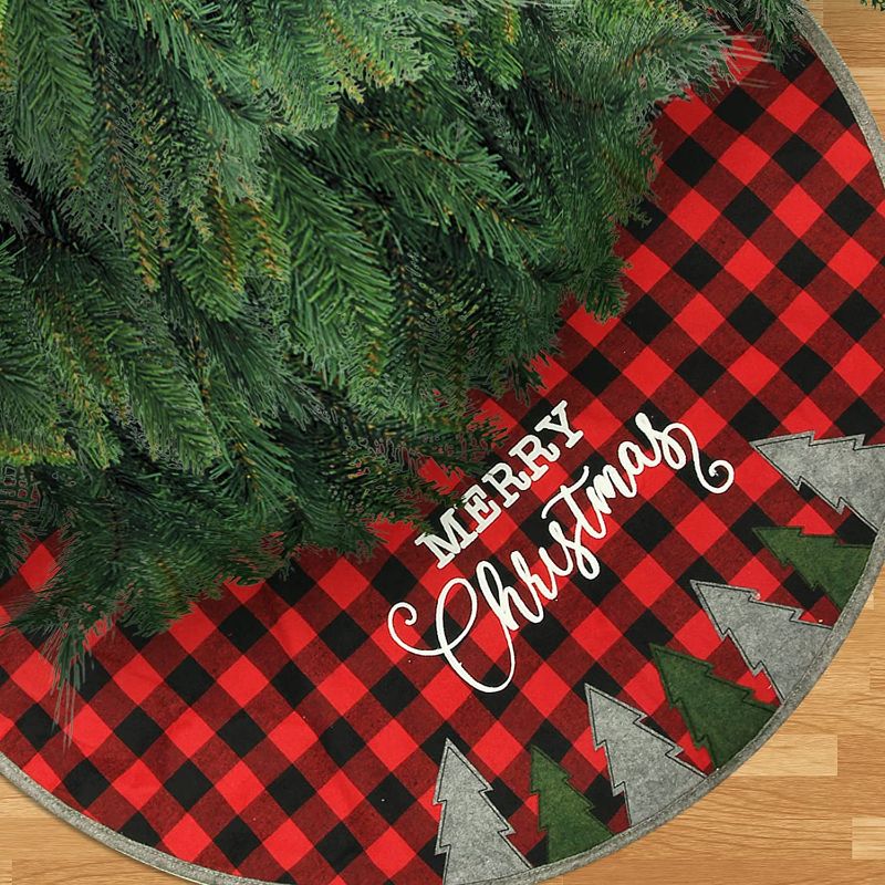 Photo 1 of Christmas Tree Skirt, 36"(90CM) Buffalo Plaid Tree Skirt with Merry Christmas, Tree Skirt Christmas Decorations for Home Party Holiday Thanksgiving Ornaments- Indoor, Rustic.
