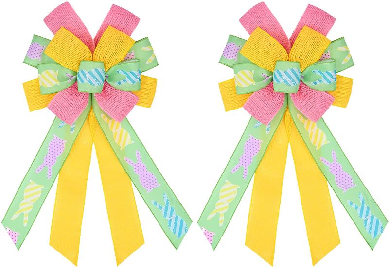 Photo 1 of 2PCS Easter Large Bow for Wreath, 11x20 inch Easter Bow with Easter Bunny Rabbit Spring Holiday Bow for Home Door Wall Decor Spring Easter Party
