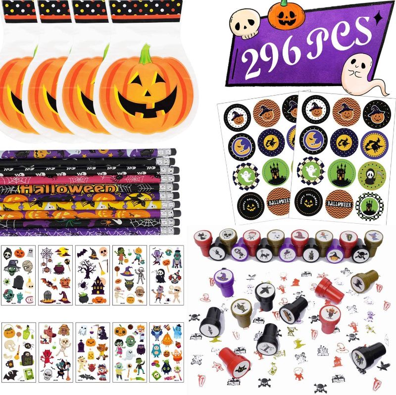 Photo 1 of 296 Pcs Halloween Assorted Stamps Kids Gift Set - Halloween Themed Stationery Trick Treat Party Favor Toy - Including Tattoo Stickers, Pencil, Candy Bag, Decorative Sticker, Stamper