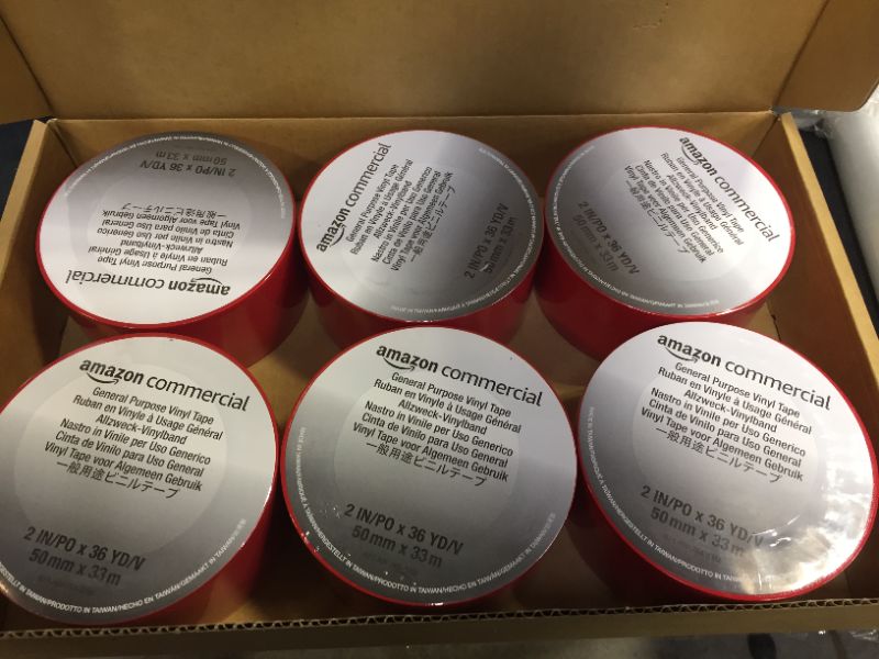 Photo 1 of AmazonCommercial General Purpose Vinyl Tape, 0.13mm x 2" x 33M, Red - pack of 6
