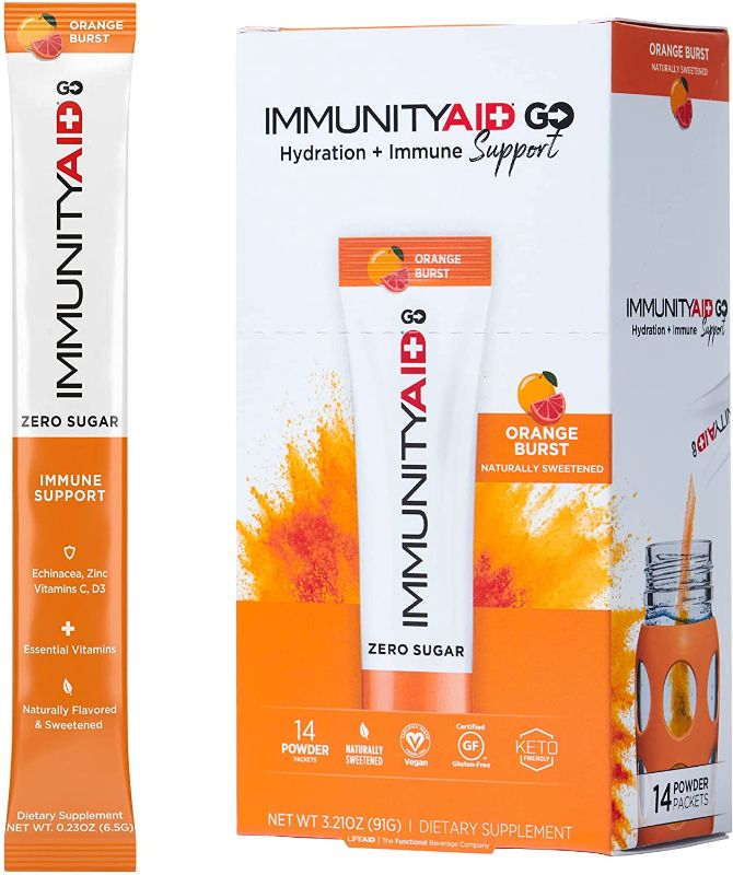 Photo 1 of LIFEAID IMMUNITYAID GO! Zero Sugar Immunity + Hydration Packet, Vitamin C, Echinacea, Zinc, Astragalus Root, Keto-friendly, Vegan & Gluten-Free, 5 calories, Naturally Sweetened, No Caffeine, 14 Pack 2 BOXES OF 14=28 PACKETS TOTAL FRESHEST BY 6/30/2022
