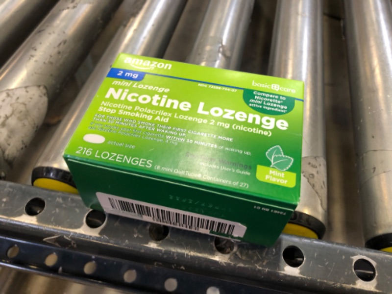 Photo 2 of Amazon Basic Care Mini Nicotine Polacrilex Lozenge, 2 mg (Nicotine), Stop Smoking Aid, Mint Flavor; Quit Smoking with Mint Nicotine Lozenge, 216 Count
EXP: 07/2022