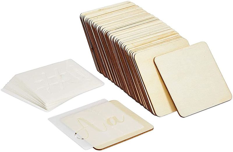 Photo 1 of 50 Wooden Squares for Crafts with 35 Stencils, Tile Wall Decor (4x4 in, 85 Pieces)
