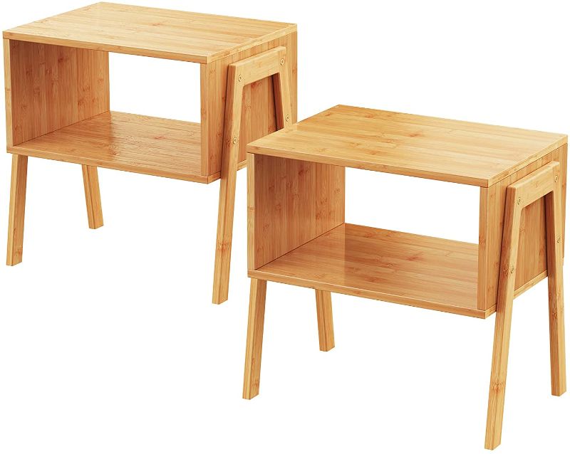 Photo 1 of Bamboo Stackable End Tables, Living Room Nightstand, Bedside Tables for Bedroom/Nursery Room/Laundry Room/Study Room Small Spaces Storage by Pipishell, Set of 2
