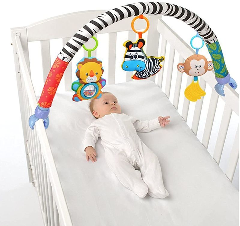 Photo 1 of VX-star Baby Travel Play Arch Stroller/Crib Accessory,Cloth Animmal Toy and Pram Activity Bar with Rattle/Squeak/Teethers(Stripe)
