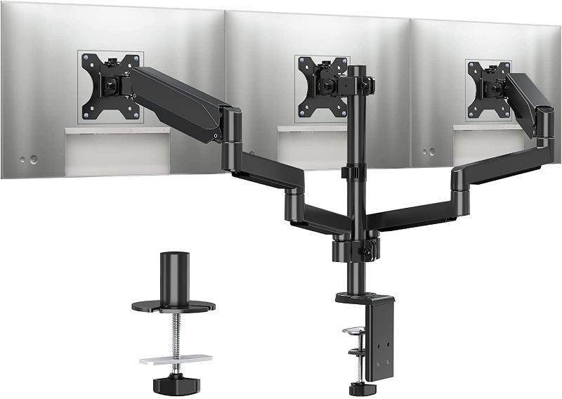 Photo 1 of MOUNTUP Triple Monitor Stand Mount - 3 Monitor Desk Mount for Computer Screens Up to 27 inch, Triple Monitor Arm with Gas Spring, Heavy Duty Monitor Stand, Each Arm Holds Up to 17.6 lbs, MU0006
