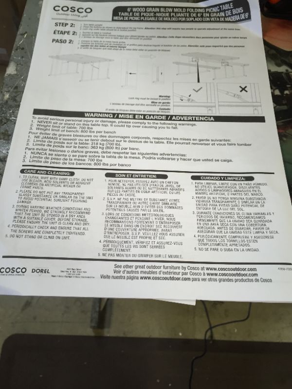 Photo 5 of Cosco Outdoor Living 87902DGR1E 6 ft. Folding Blow Mold, Dark Wood Grain with Gray Legs Picnic Table---BOX IS DAMAGED---
