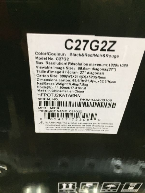 Photo 1 of AOC C27G2Z 27" Curved Frameless Ultra-Fast Gaming Monitor, FHD 1080p, 0.5ms 240Hz, FreeSync, HDMI/DP/VGA, Height Adjustable, 3-Year Zero Dead Pixel Guarantee, Black, 27" FHD Curved
