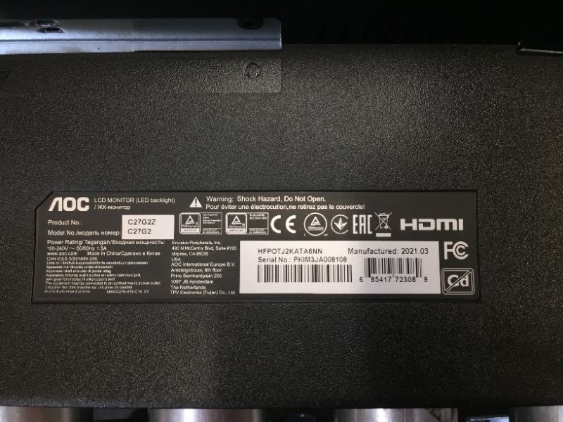 Photo 1 of AOC C27G2Z 27" Curved Frameless Ultra-Fast Gaming Monitor, FHD 1080p, 0.5ms 240Hz, FreeSync, HDMI/DP/VGA, Height Adjustable, 3-Year Zero Dead Pixel Guarantee, Black, 27" FHD Curved

