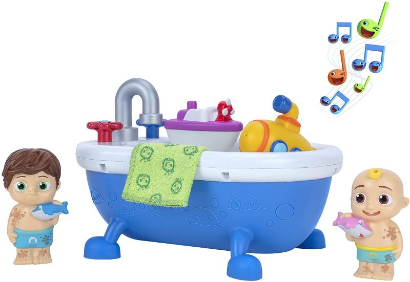 Photo 1 of CoComelon Musical Bathtime Playset - Plays Clips of The ‘Bath Song’ - Features 2 Color Change Figures (JJ & Tomtom), 2 Toy Bath Squirters, Cleaning Cloth – Toys for Kids, Toddlers, and Preschoolers, Pack of 2
