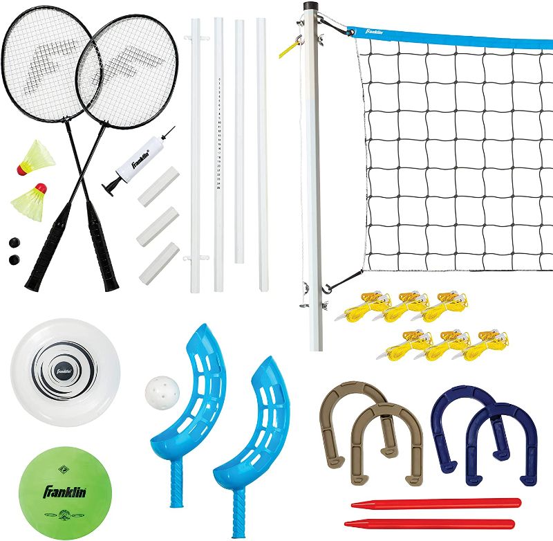 Photo 1 of Franklin Sports Fun 5 Combo Outdoor Game Set - Backyard, Beach + Camping Games for Kids - Badminton, Volleyball, Flip Toss, Flying Disc - Horseshoes or Ring Toss
