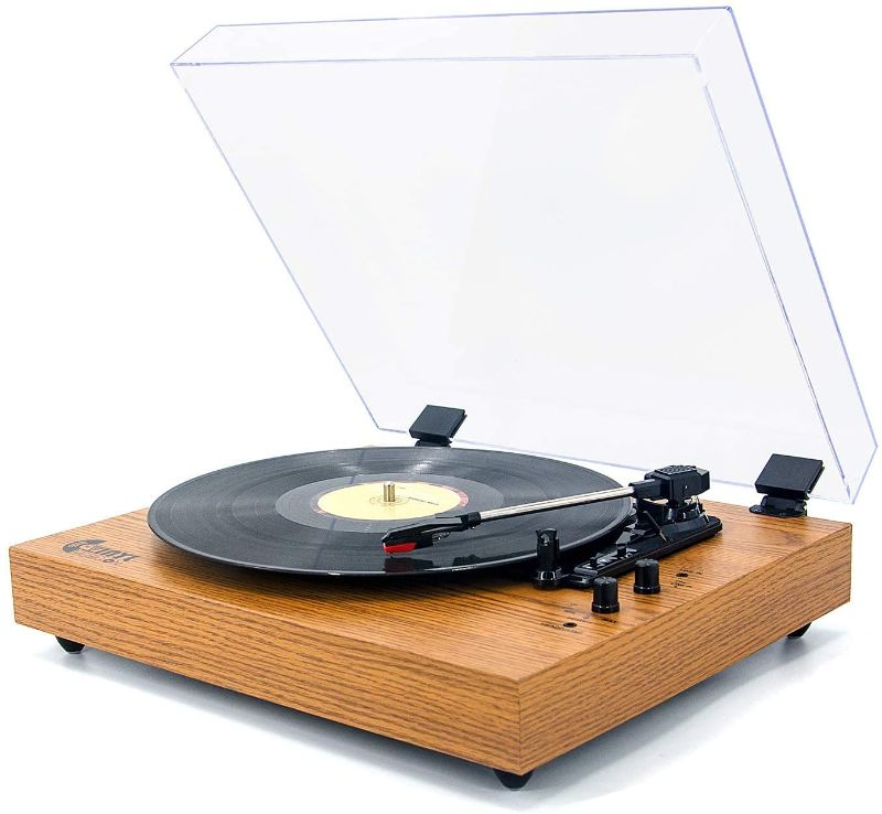 Photo 1 of Vintage Turntable, Bluetooth Record Player, Built-in Dual Stereo Speakers, 3-Speed Belt-Drive Turntable, Record Player with Wireless Playback & Auto-Stop, Yellow Wood
