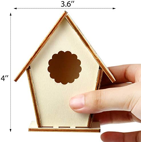 Photo 2 of 12 Wooden Birdhouse DIY Kits Include 12 Pieces 4 Shapes Wooden Unfinished Paintable Bird House with 12 Colour Watercolour Pen and 19 Stereoscopic Butterfly Sticker for Boy Girl Crafting and Decorating