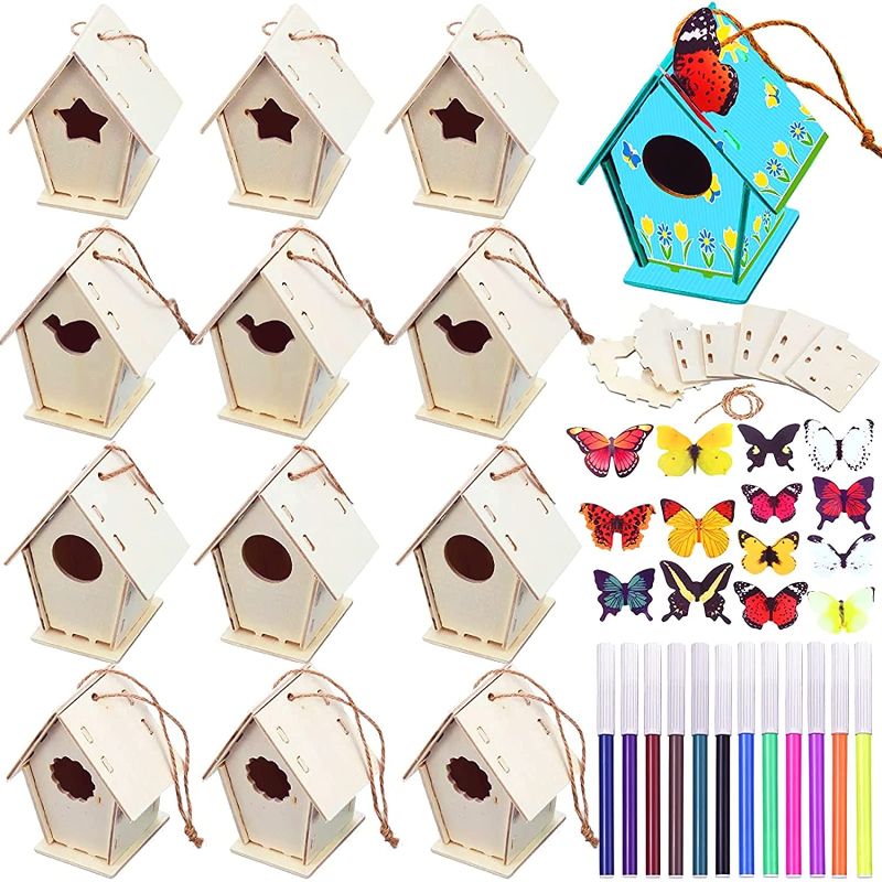 Photo 1 of 12 Wooden Birdhouse DIY Kits Include 12 Pieces 4 Shapes Wooden Unfinished Paintable Bird House with 12 Colour Watercolour Pen and 19 Stereoscopic Butterfly Sticker for Boy Girl Crafting and Decorating