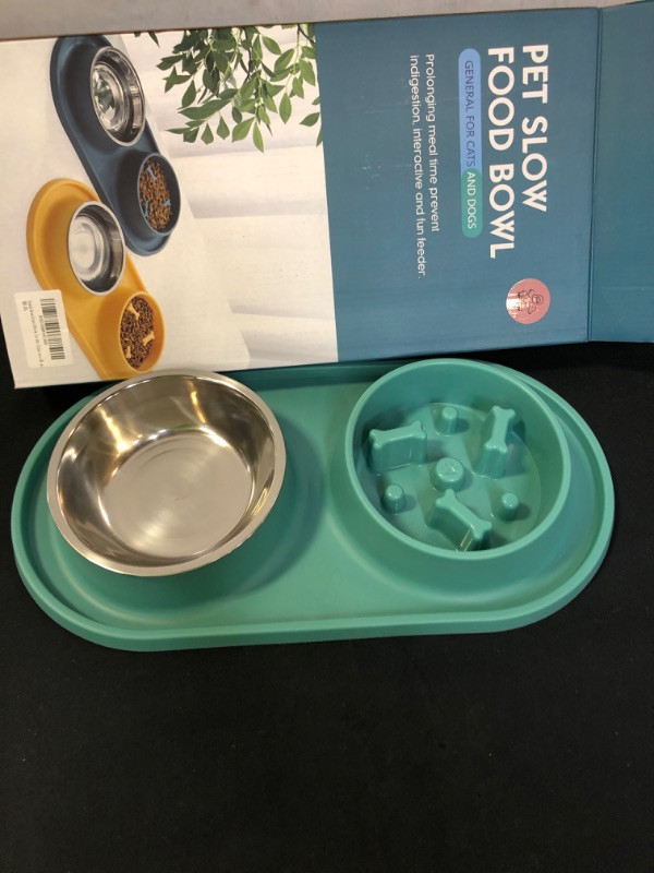 Photo 3 of Slow Feeder Cat Bowls and Stainless Steel Cat Food Water Bowls, Double Cat Bowls Cats, Pet Water and Food Feeder Bowls with No Spill Non-Skid Silicone Mat, 18 OZ & 25 OZ
