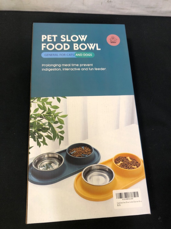 Photo 1 of Slow Feeder Cat Bowls and Stainless Steel Cat Food Water Bowls, Double Cat Bowls Cats, Pet Water and Food Feeder Bowls with No Spill Non-Skid Silicone Mat, 18 OZ & 25 OZ
