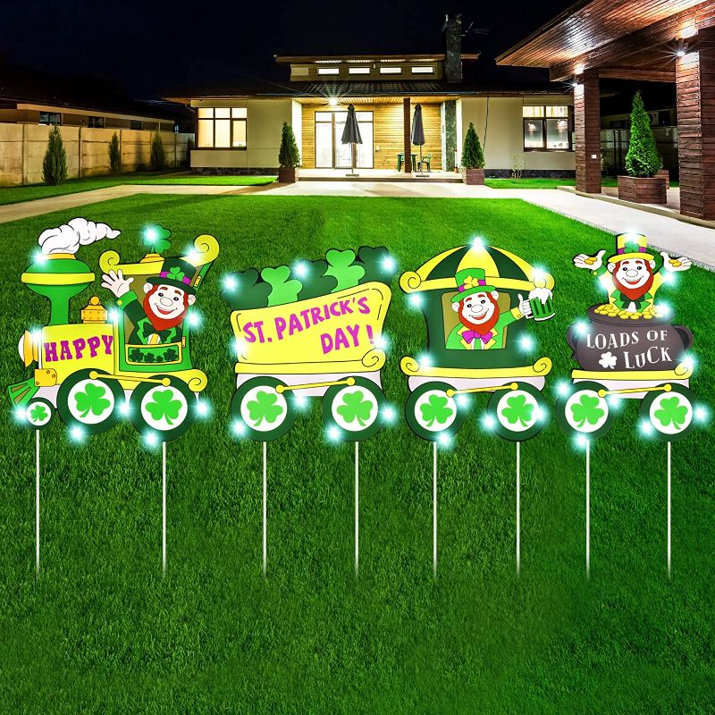 Photo 1 of 4 PCS St. Patrick's Day Yard Sign Outdoor Decorations - Train Outdoor Lawn Decorations with LED Green Lights | Irish Leprechaun Horseshoe Shamrock Yard Sign with Stakes| Saint Patty's Day
