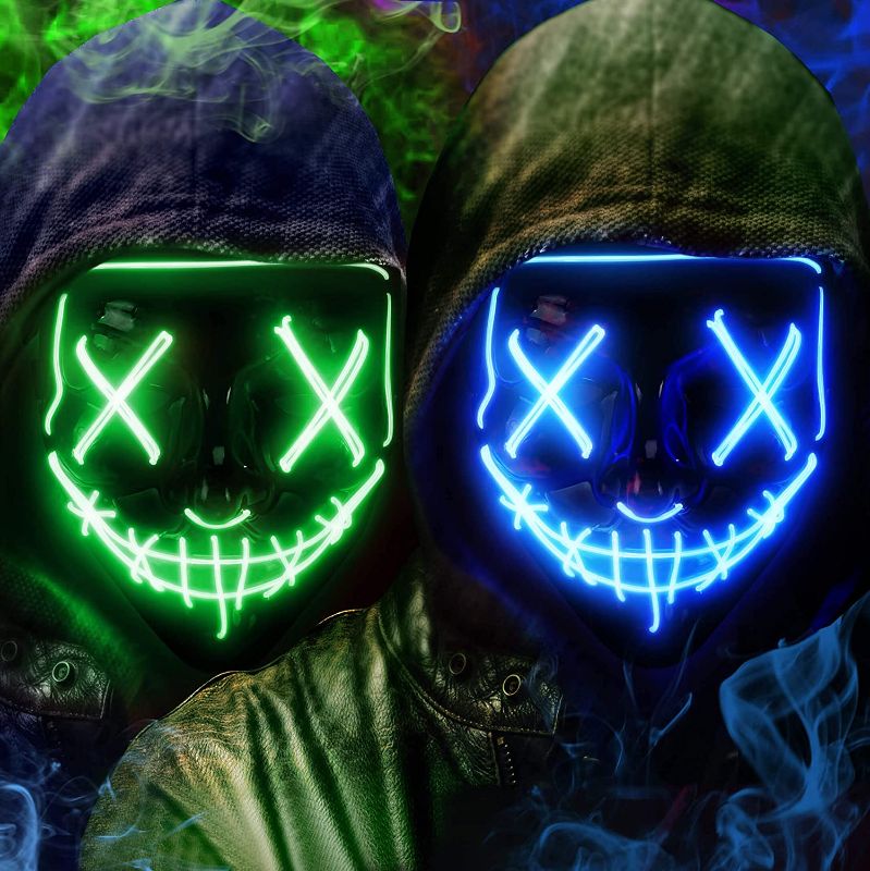 Photo 1 of [2 Packs] LED Light Up Mask,Halloween Mask with 3 Light Modes,Scary Face Mask Cosplay Mask by Quality Material & EL Cold Light Wire.Neon Mask Glow in The Dark Mask for Men Women Kids-BLUE&GREEN
