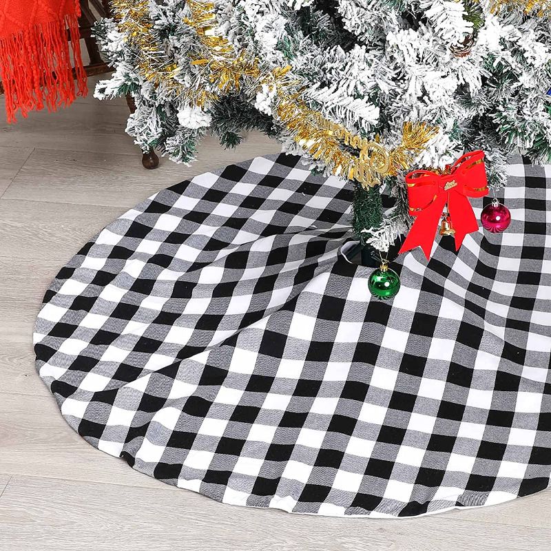 Photo 1 of 48 Inch Christmas Tree Skirt Decorations, Black and White Faux Fur Buffalo Tree Skirt Decorations for Merry Christmas Party Tree, Plush Fluffy Christmas Tree Skirt Decor Clearance
