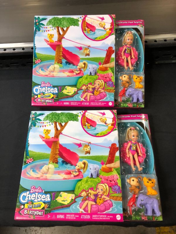 Photo 2 of Barbie and Chelsea The Lost Birthday Doll & Splashtastic Pool Surprise Playset - 2 PACK