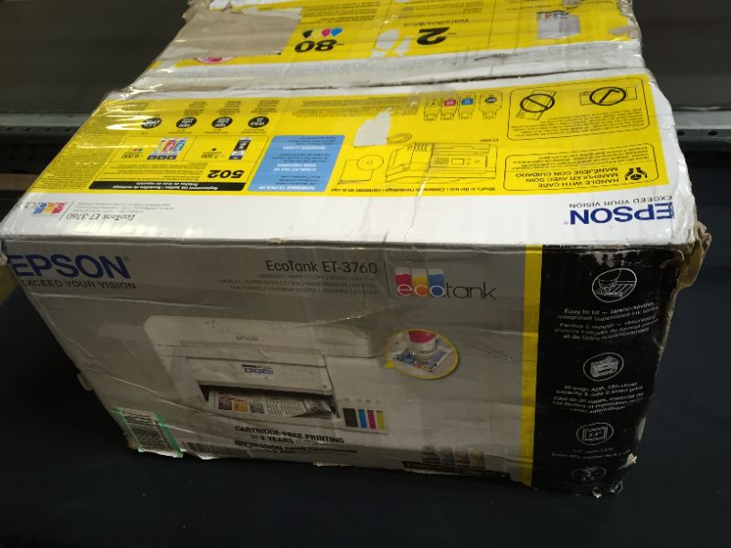Photo 4 of Epson EcoTank ET-3760 Wireless Color All-in-One Cartridge-Free Supertank Printer with Scanner, Copier and Ethernet, Regular
(MAJOR DAMAGES TO PACKAGING, POSSIBLY MISSING PIECES, INK IN PRINTER, MINOR SCUFF MARKS AND DIRT ON ITEM)