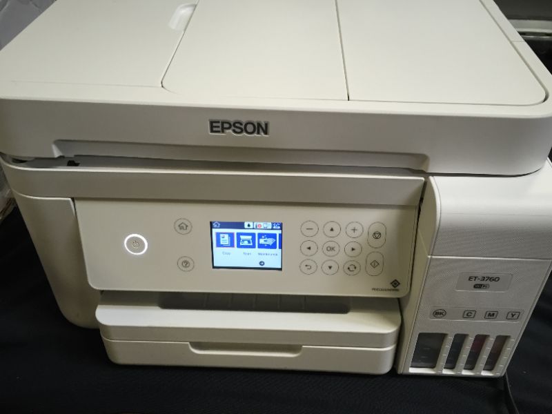 Photo 2 of Epson EcoTank ET-3760 Wireless Color All-in-One Cartridge-Free Supertank Printer with Scanner, Copier and Ethernet, Regular
(MAJOR DAMAGES TO PACKAGING, POSSIBLY MISSING PIECES, INK IN PRINTER, MINOR SCUFF MARKS AND DIRT ON ITEM)