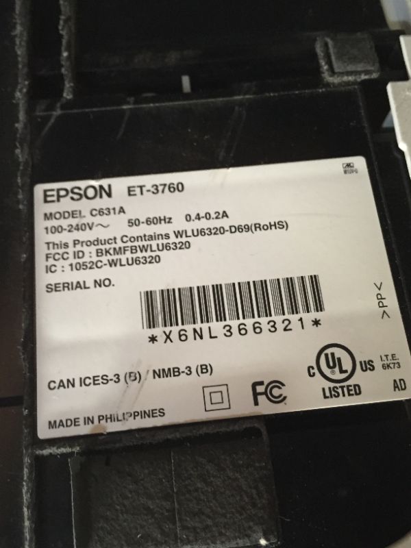 Photo 6 of Epson EcoTank ET-3760 Wireless Color All-in-One Cartridge-Free Supertank Printer with Scanner, Copier and Ethernet, Regular
(MAJOR DAMAGES TO PACKAGING, POSSIBLY MISSING PIECES, INK IN PRINTER, MINOR SCUFF MARKS AND DIRT ON ITEM)