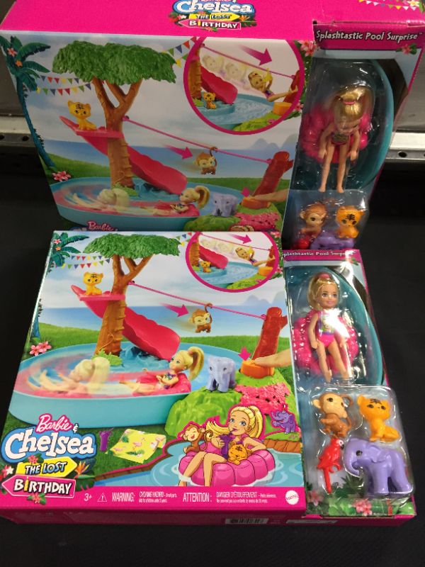 Photo 3 of Barbie and Chelsea The Lost Birthday Splashtastic Pool Surprise Playset
2 PACK BRAND NEW FACTORY SEALED 
(MAJOR DAMAGES TO BOXES FROM EXPOSURE)