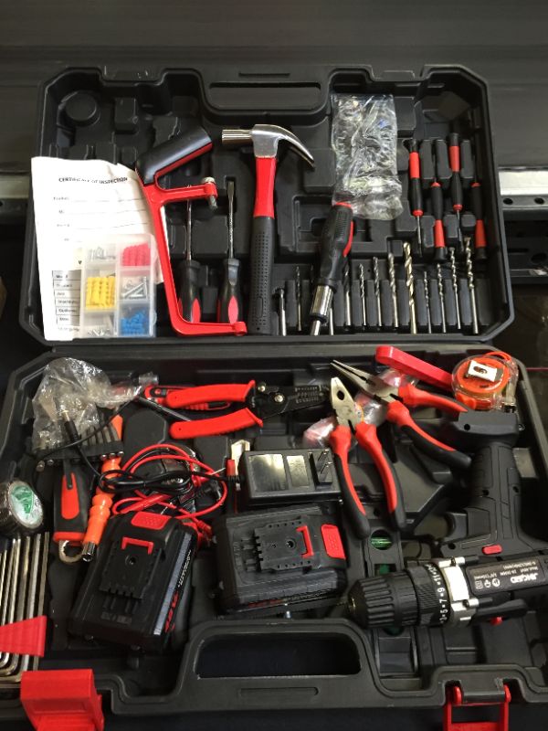 Photo 2 of 21V Cordless Power Drill Set, 153Pcs Household Power Tools Drill Set with 2 Batteries, 1H Fast Charger, 24+1 Torque Setting, 2 Variable Speed Power Drill Set, Household Hand Tool Kit for Home Repair
(POSSIBLY MISSING PIECES, TOOLS LOOSE IN BOX)