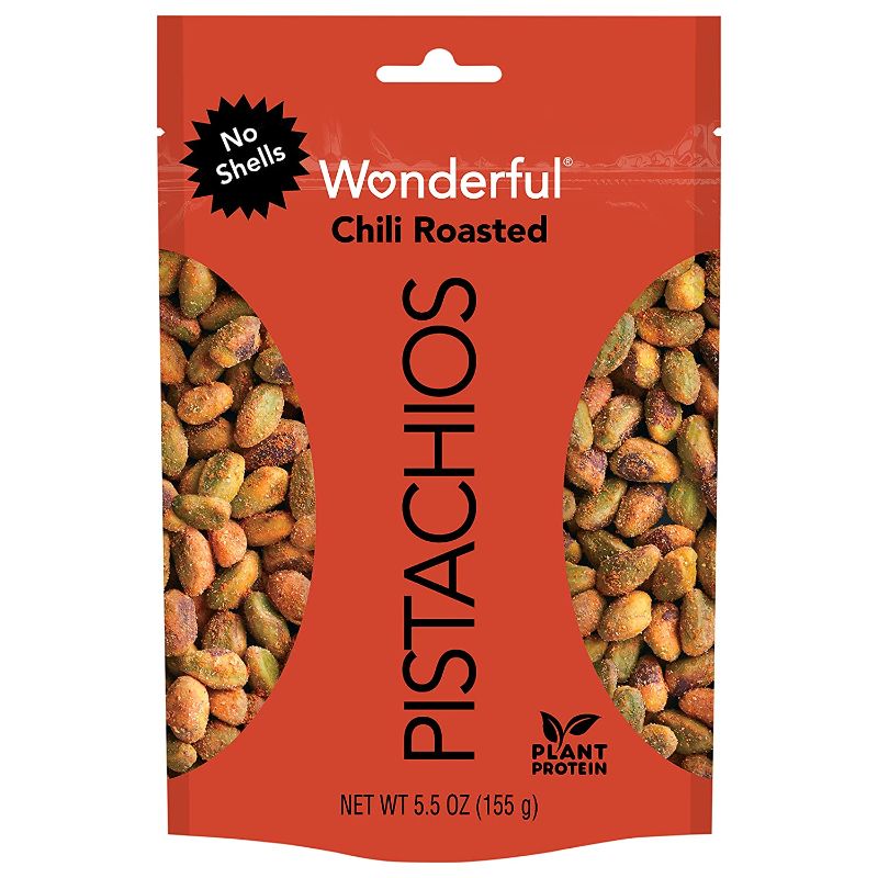 Photo 1 of 4 PACK - Wonderful Pistachios, No Shells, Chili Roasted Nuts, 5.5 Ounce Resealable Pouch
EXP JULY 15 2022