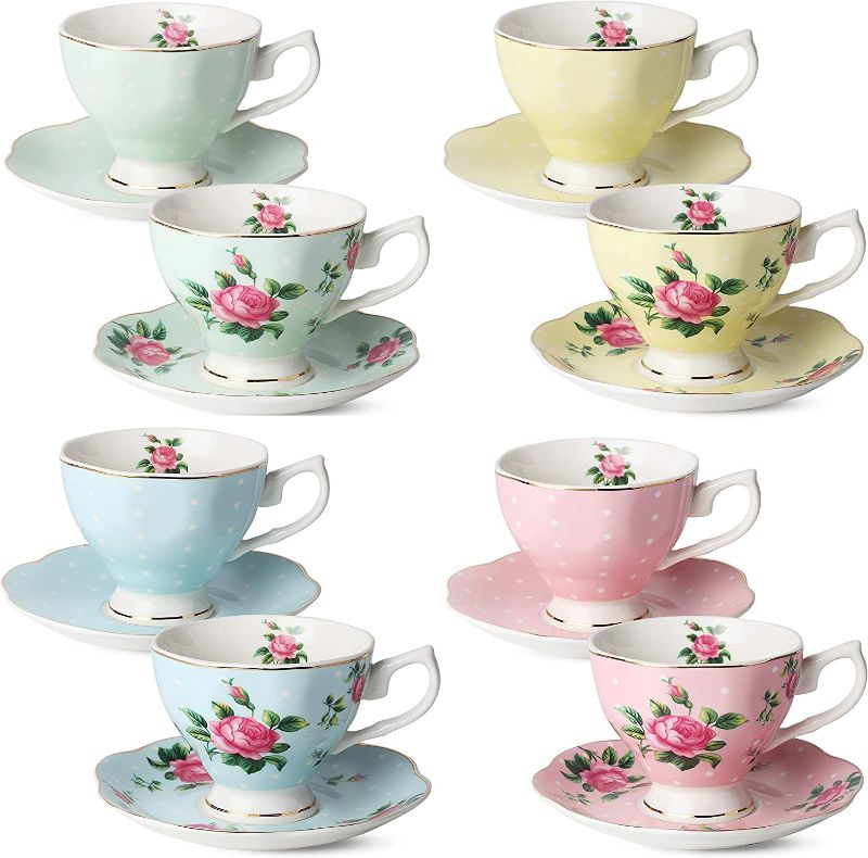 Photo 1 of BTaT- Floral Tea Cups and Saucers, Set of 8 (8 oz) Multi-Color with Gold Trim and Gift Box, Coffee Cups, Floral Tea Cup Set, British Tea Cups, Porcelain Tea Set, Tea Sets for Women, Latte Cups
