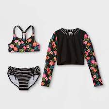 Photo 1 of Girls' Floral and Striped 3pc Bikini Set with Rash Guard - art class™ Black
xs