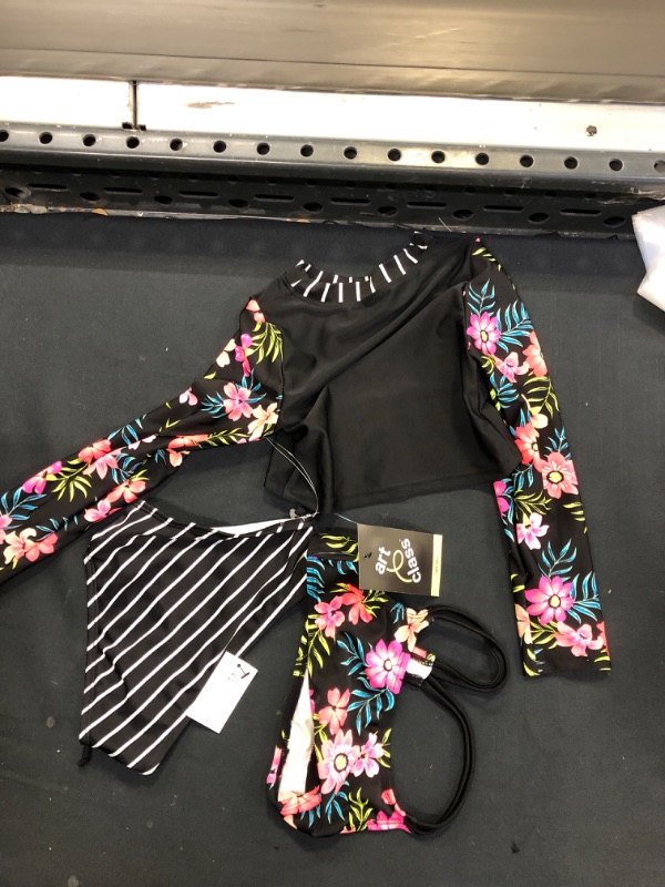 Photo 1 of Girls' Floral and Striped 3pc Bikini Set with Rash Guard - art class™ Black
xs