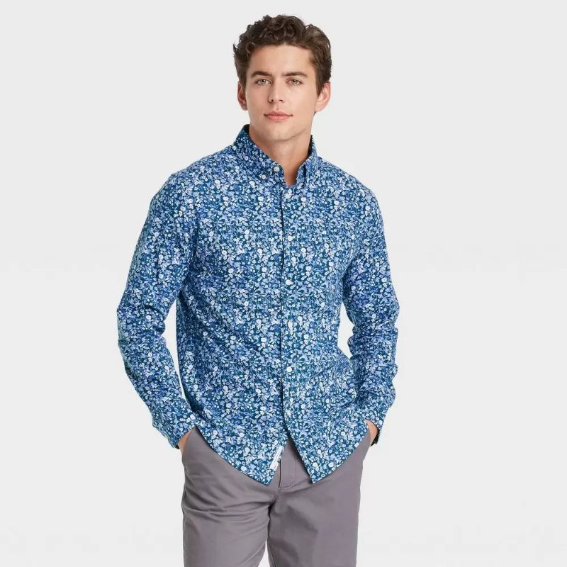 Photo 1 of Men's Floral Stretch Poplin Long Sleeve Button-Down Shirt MENS