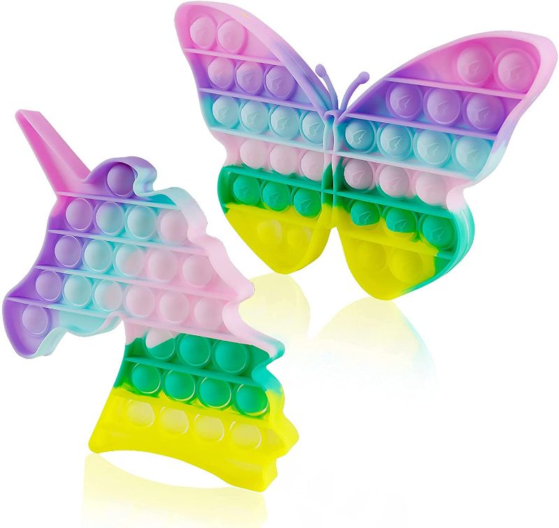 Photo 1 of 2 Packs Bubble Sensory Toys, Set Silicone Toys, Satisfying Autism Special Needs Anxiety Stress Reliever, Cheap Rainbow Unicorn Butterfly Game It for Kids 2 PACK 
