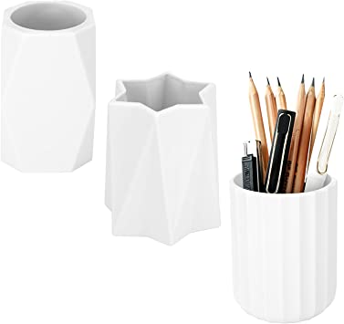 Photo 1 of Anpress Silicone Pencil Pen Holder Stand, 3 Pack Makeup Brush Holder White Geometric Desk Pencil Cup Desktop Pencil Stationary Holders Round Pen Holder Container Organizer for Office Home School
