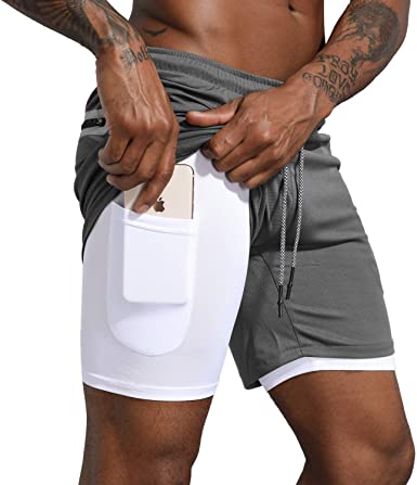 Photo 1 of Leidowei Men's 2 in 1 Workout Running Shorts Lightweight Training Yoga Gym 7" Short with Zipper Pockets ---- medium 
