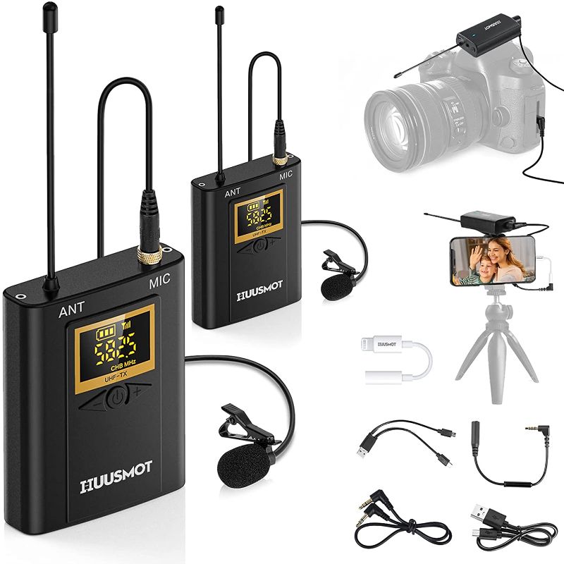 Photo 1 of Wireless Lavalier Microphone System - HUUSMOT Wireless Mic System with Dual Lavalier Lapel Microphone and One Mini Rechargeable Receiver for iPhone, DSLR Camera, Video Recording, YouTube, Vlog [ power works unable to test for function ] 
